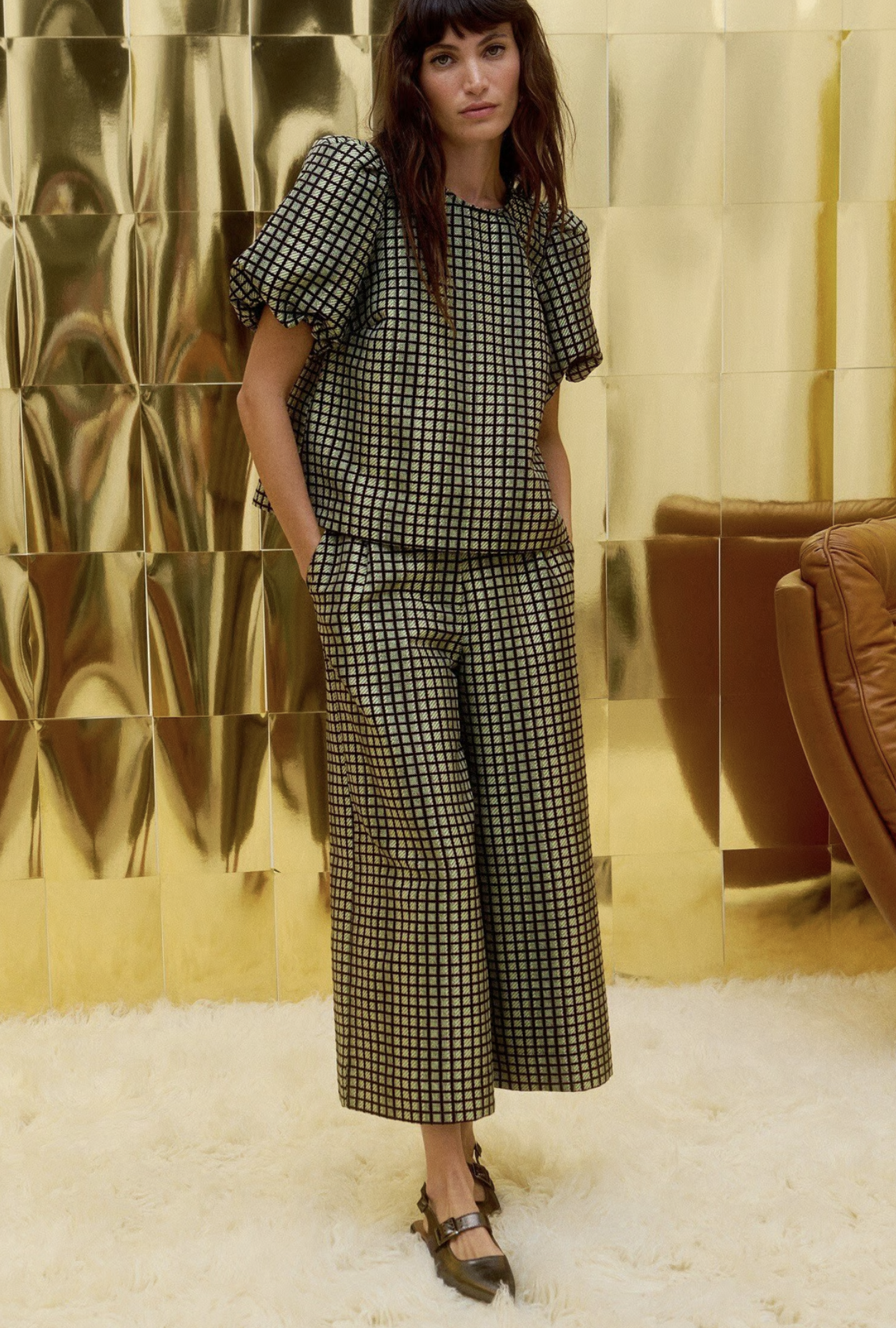 Jacquard Puff Sleeve Top and Trousers
