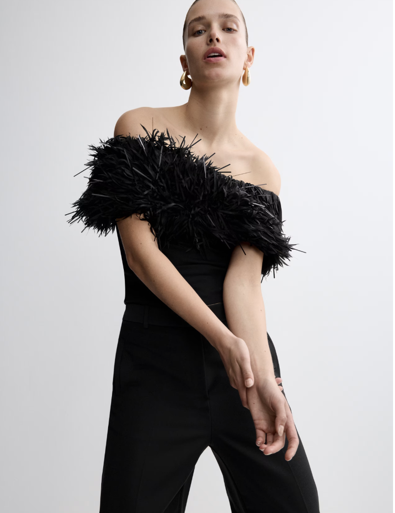Off the Shoulder Feather Detailed Top