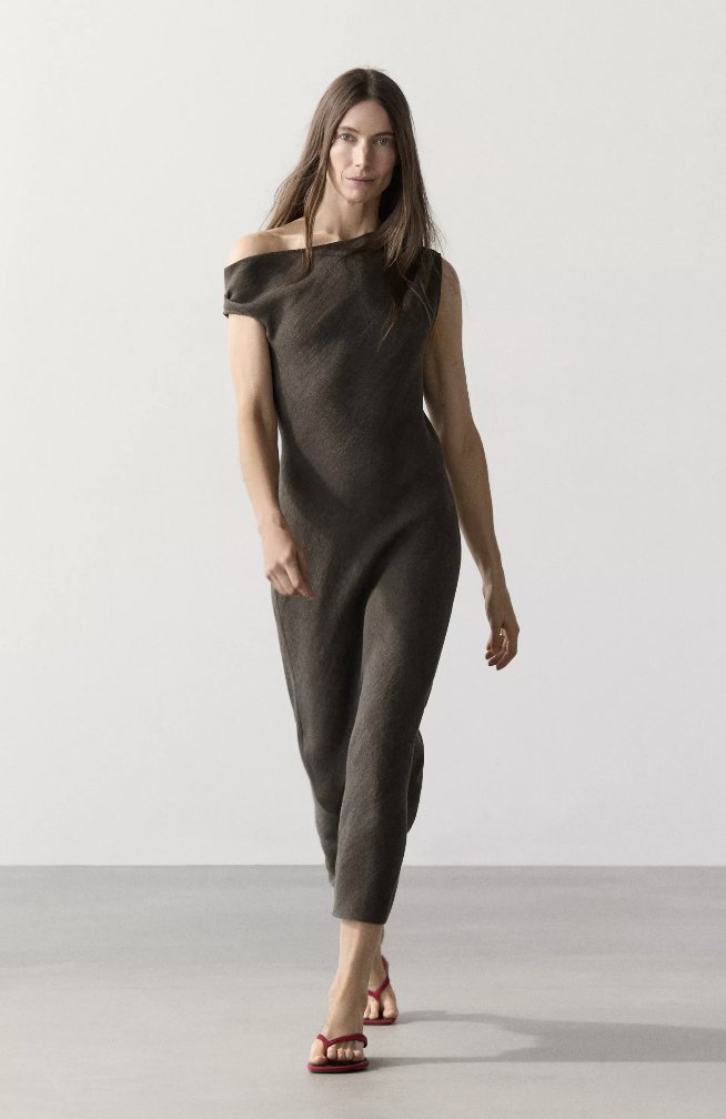 Linen Midi Dress with Shoulder Detail