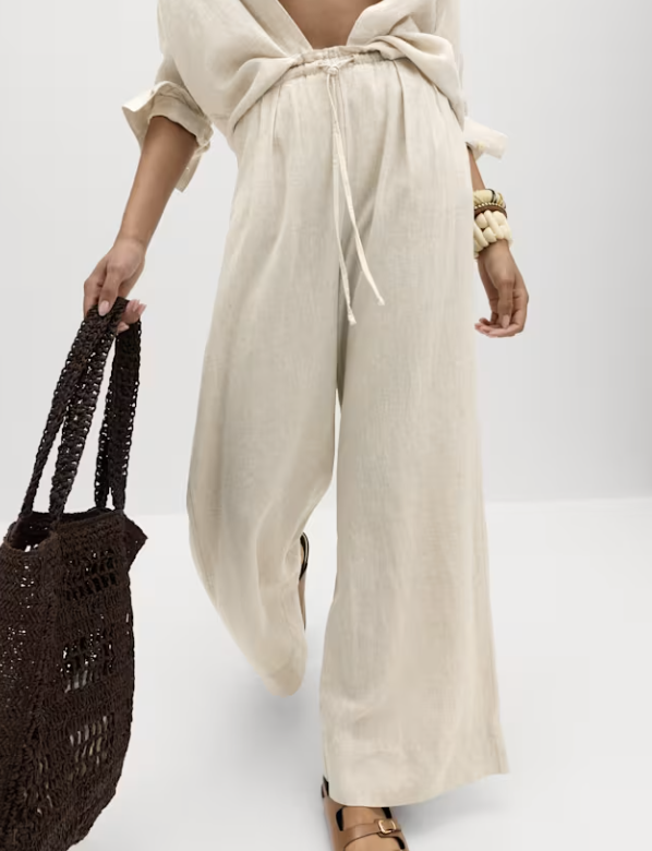 Linen Rich Drawstring Wide Leg Trousers