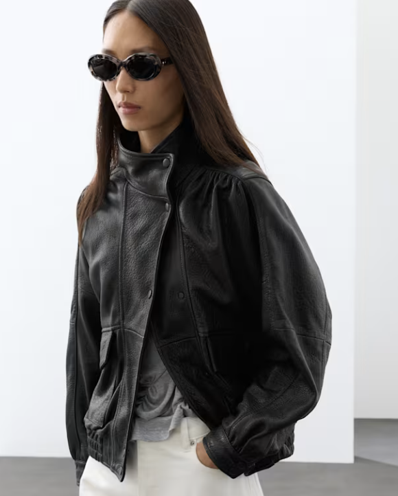Leather Funnel Neck Bomber Jacket
